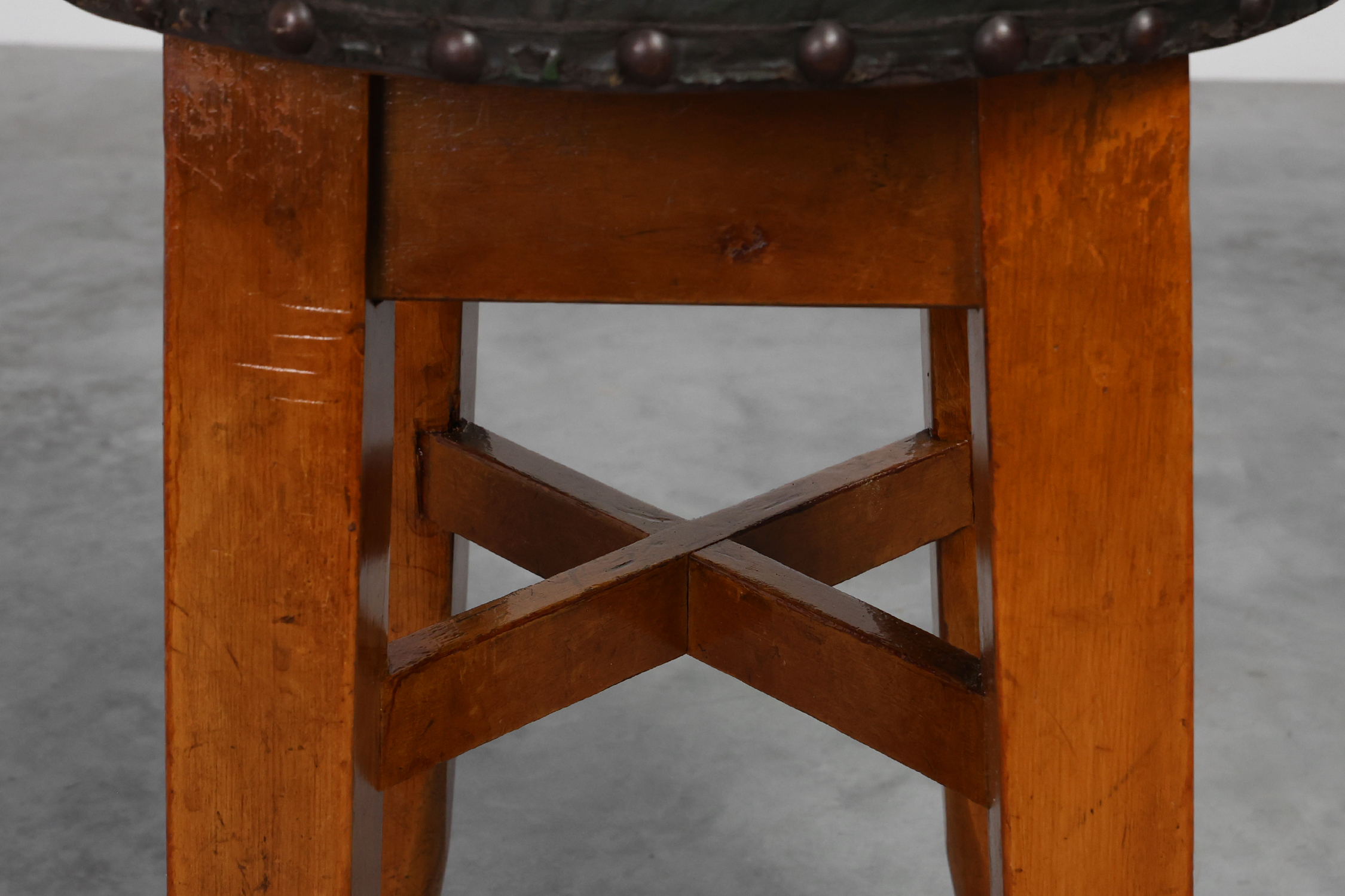 Arts & Crafts Meets Early Art Deco Oak & Leather Stool, France 1920 thumbnail